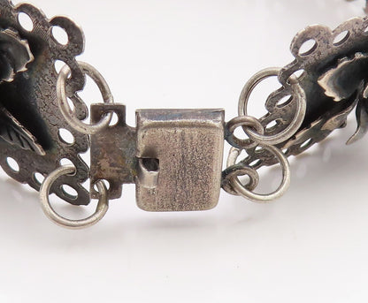 925 Sterling Silver Vintage Bracelet Dark Tone Floral Roses Link Chain  BT11429