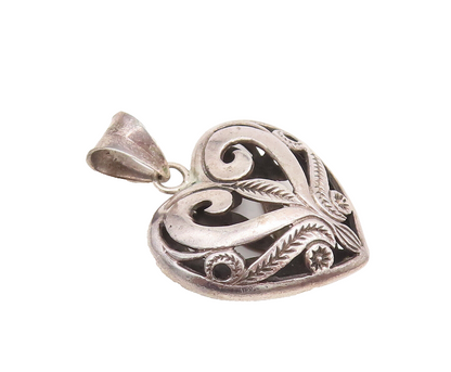 925 Sterling Silver  Vintage Swirly Cut Carved Puffed Heart Pendant  PT22351