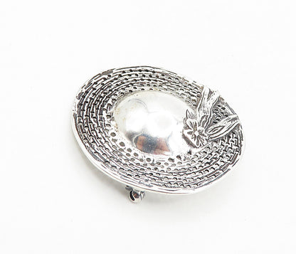 925 Sterling Silver  Vintage Shiny Flower Ribbon Hat Motif Brooch Pin  BP3087