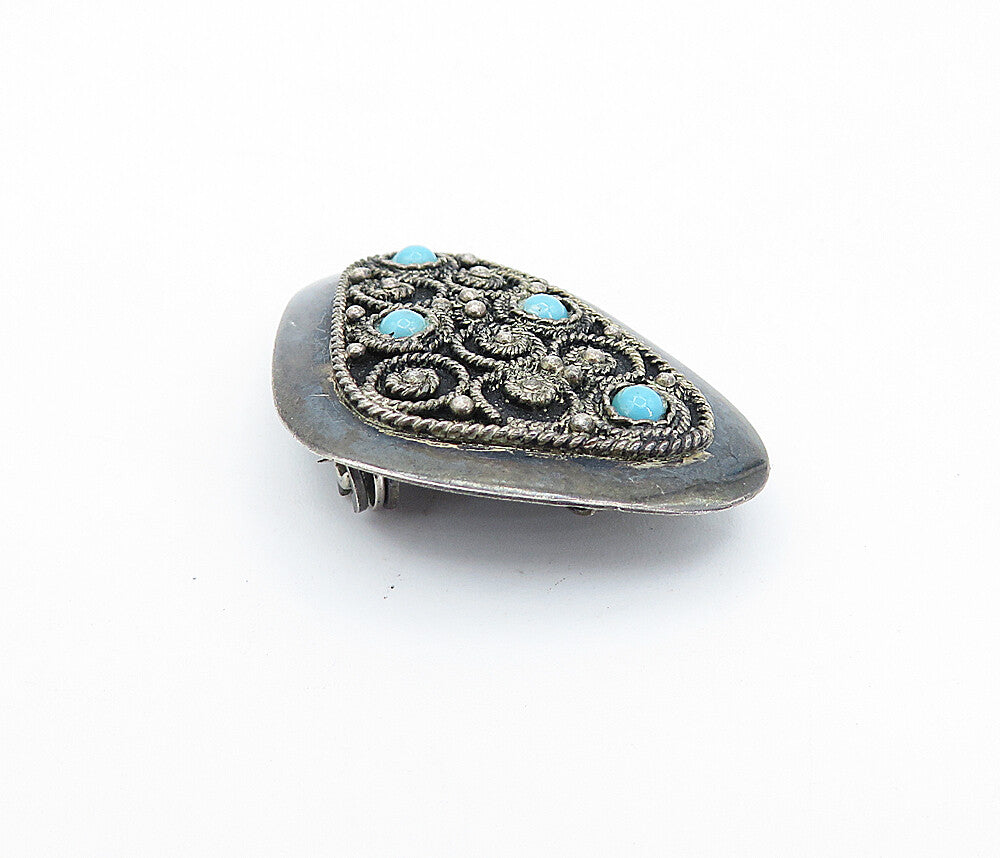 ISRAEL 925 Sterling Silver  Vintage Turquoise Oxidized Twist Brooch Pin BP1354