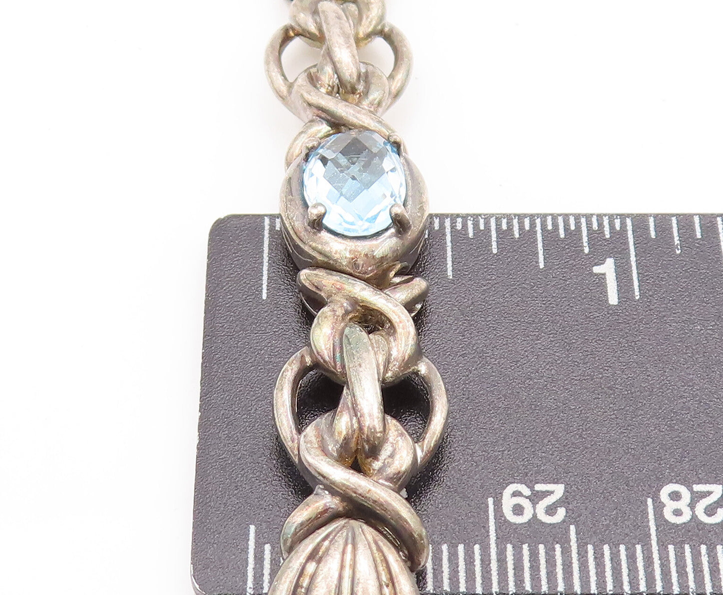 925 Sterling Silver Vintage Bracelet Blue Topaz Carved Knotted Link  BT10208