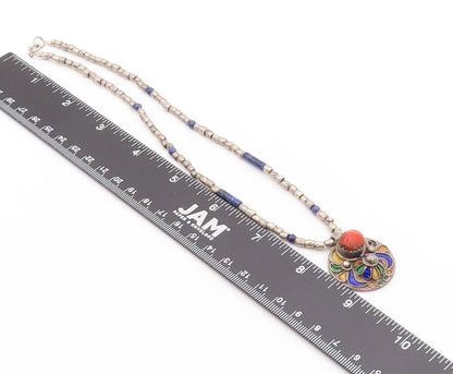 925 Sterling Silver Vintage Necklace French Coin Carnelian Enameled  NE4563