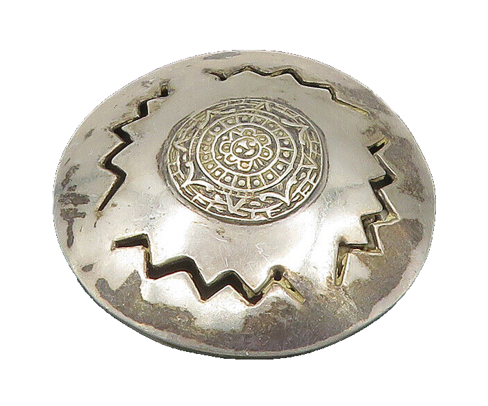 MEXICO 925 Silver  Vintage Mayan Aztec Sun Calendar Cutout Brooch Pin  BP8339