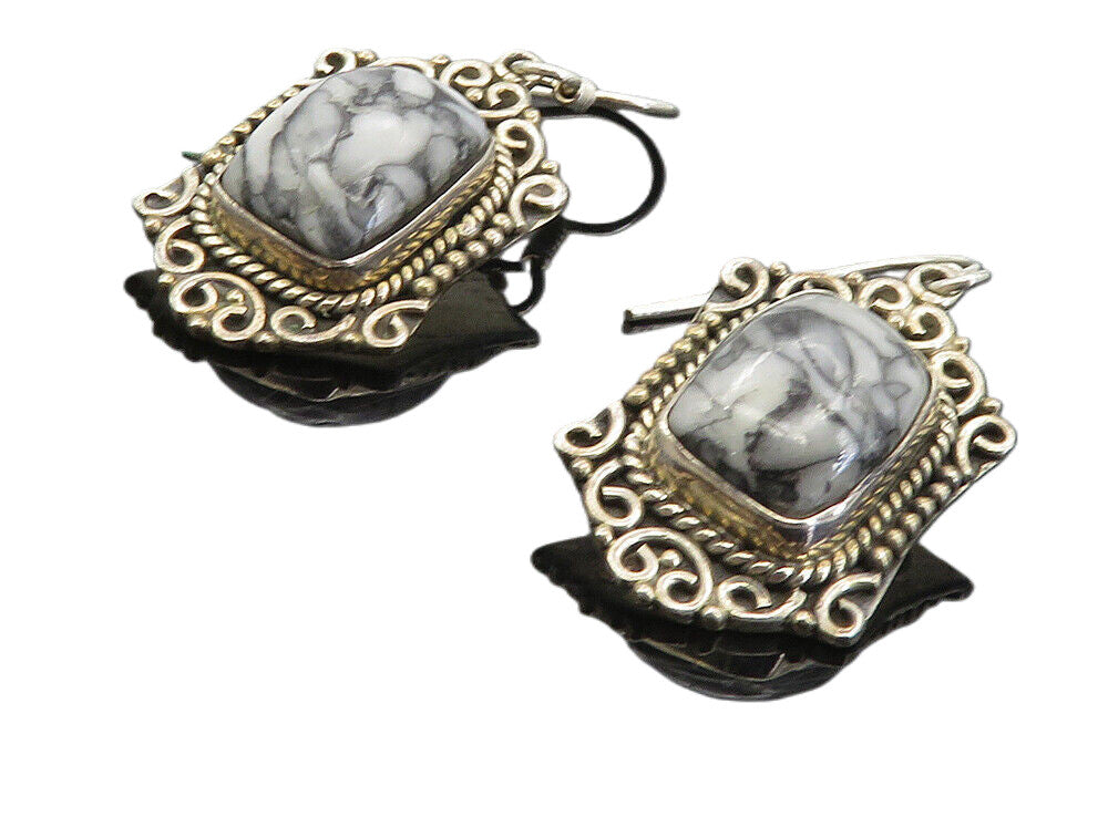 925 Sterling Silver  Vintage Cabochon Cut Grey Jasper Dangle Earrings  EG4554
