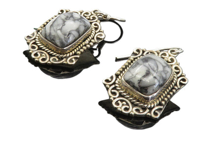 925 Sterling Silver  Vintage Cabochon Cut Grey Jasper Dangle Earrings  EG4554