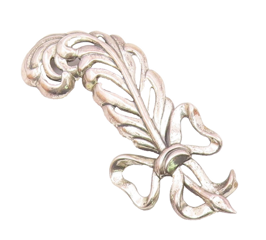 925 Sterling Silver  Vintage Shiny Bow Tied Ribbon Feather Brooch Pin  BP3641