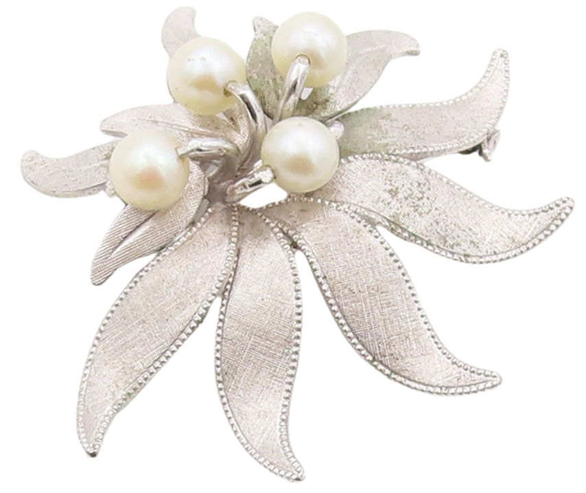 925 Sterling Silver Vintage Brooch Pin Designer Pearl Cutout Flower  BP11270