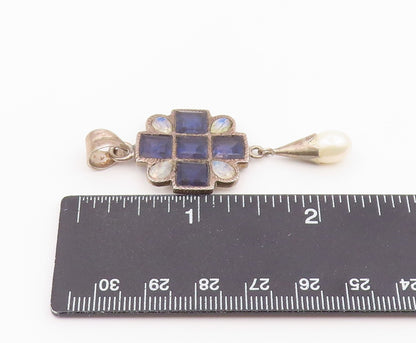 925 Sterling Silver Vintage Pendant Multi Gemstone Geometric Cross  PT26314
