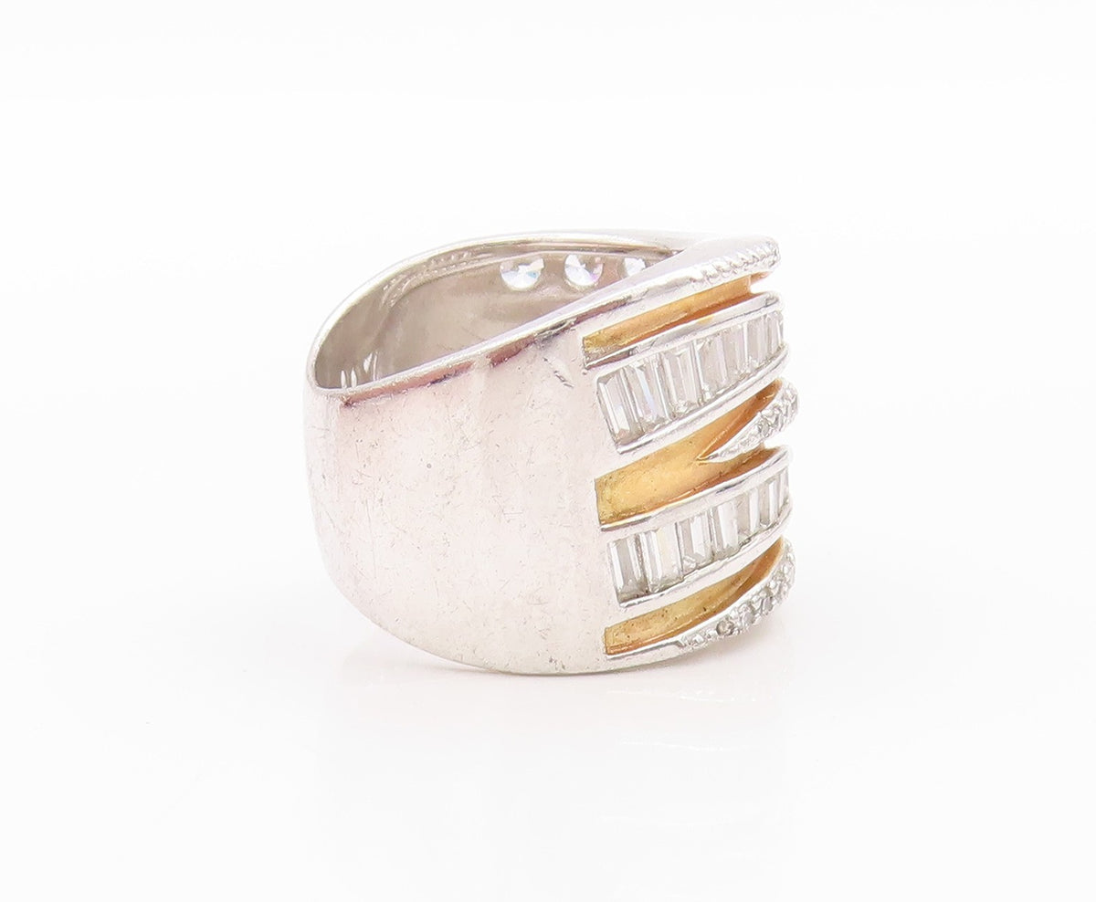 925 Sterling Silver Vintage Ring Rectangle & Round Cut CZ Swirls  Sz 5  RG33314