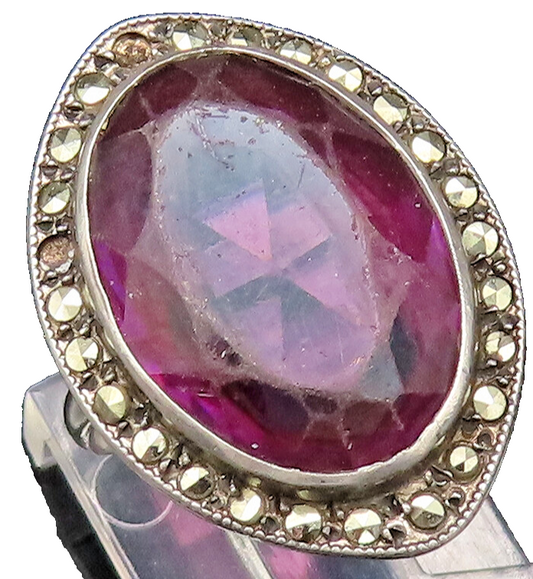 UNCAS 925 Sterling Silver Vintage Oval Amethyst & Marcasite Ring Sz 6.5 RG25716