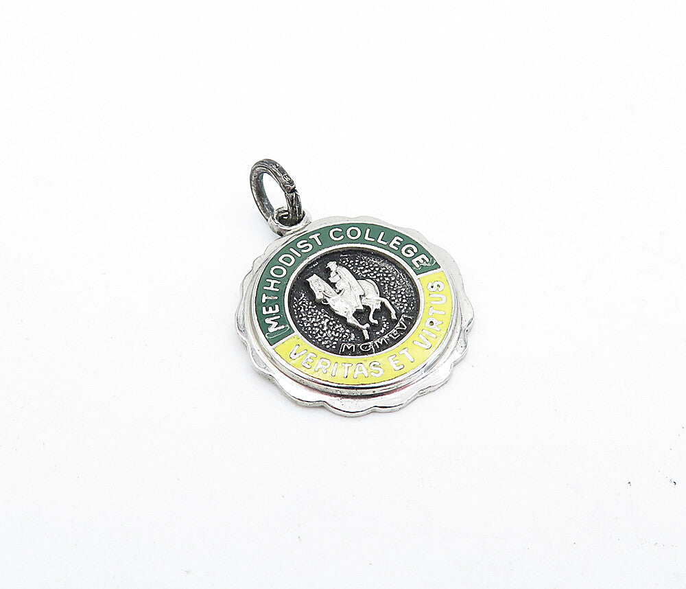 925 Sterling Silver  Vintage Enamel Methodist College Drop Pendant  PT3135
