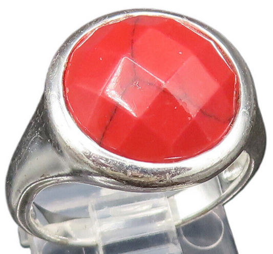 925 Sterling Silver  Vintage Faceted Cabochon Coral Ring Sz 6.5  RG25553