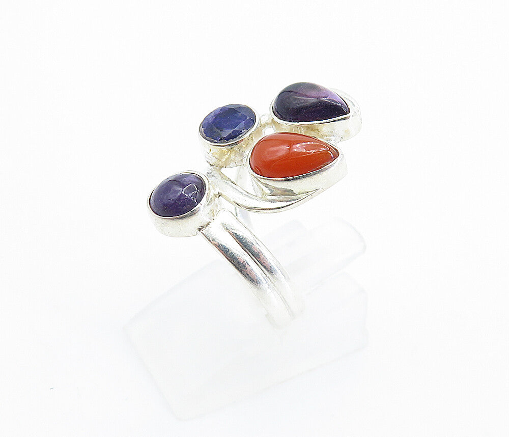 925 Sterling Silver  Coral & Amethyst Cluster Split Cocktail Ring Sz 7  RG7790