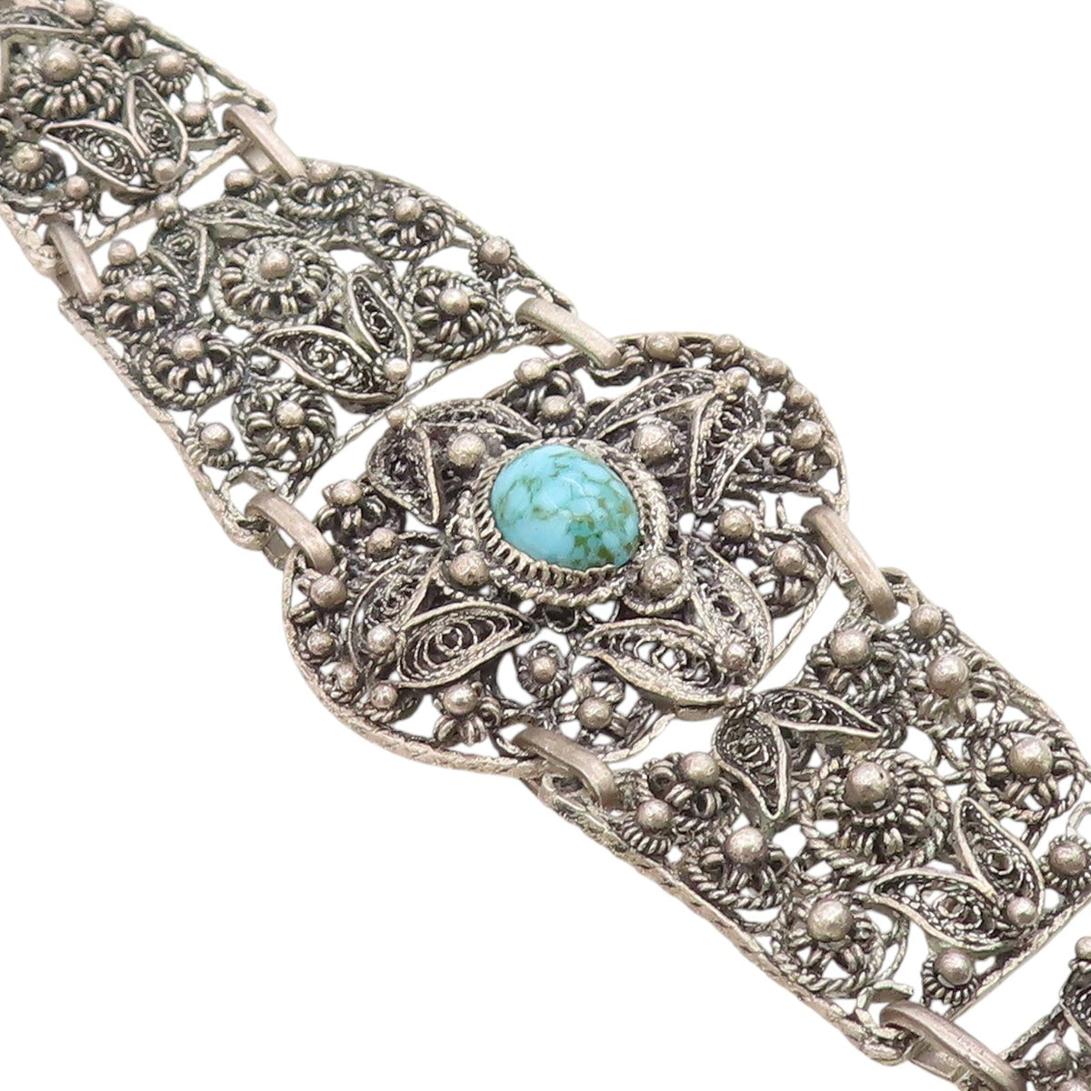 925 Sterling Silver Vintage Bracelet Turquoise Intricate Floral Filigree BT11710