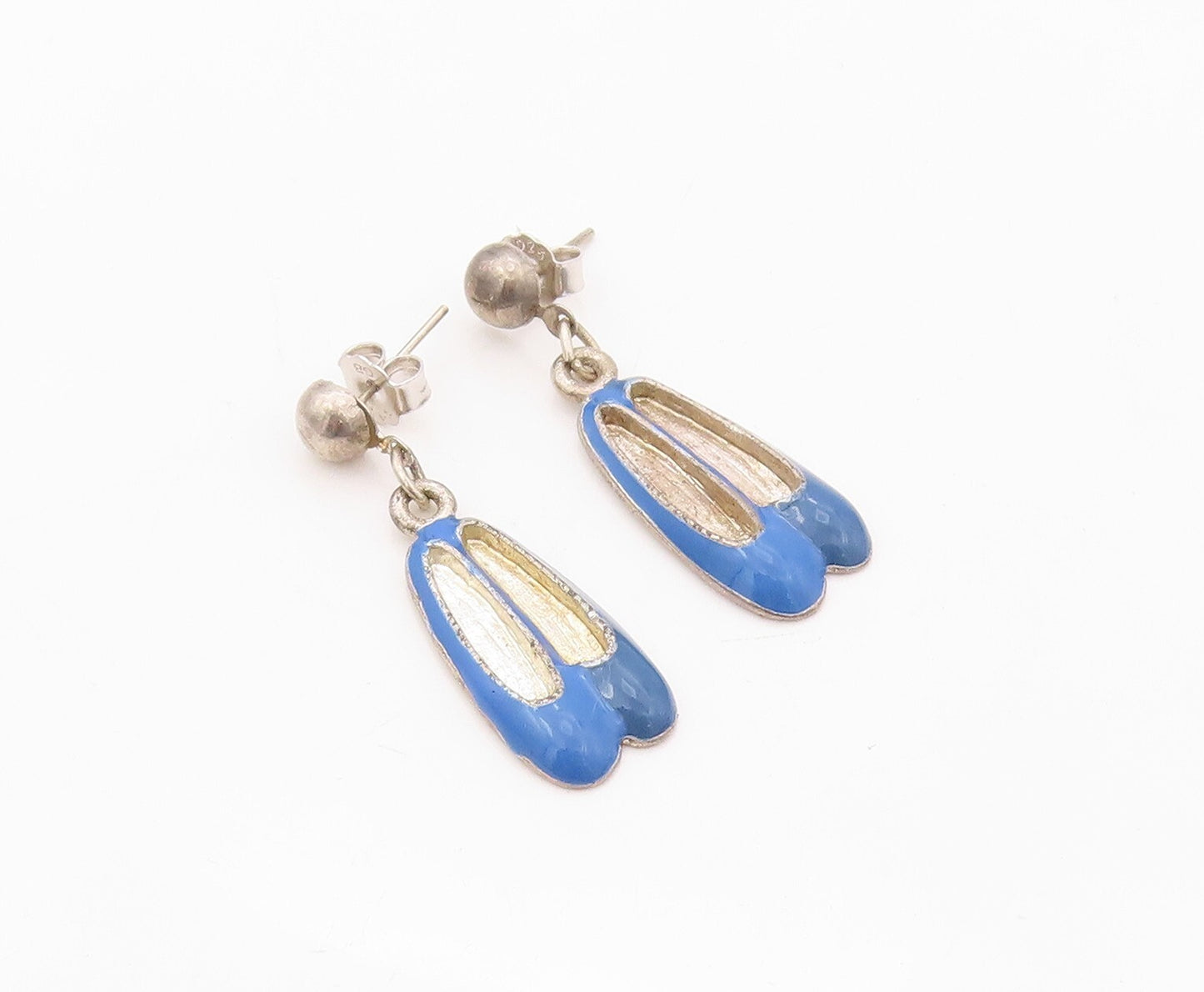925 Sterling Silver Vintage Earrings Enameled Dangling Ballet Shoes  EG13459