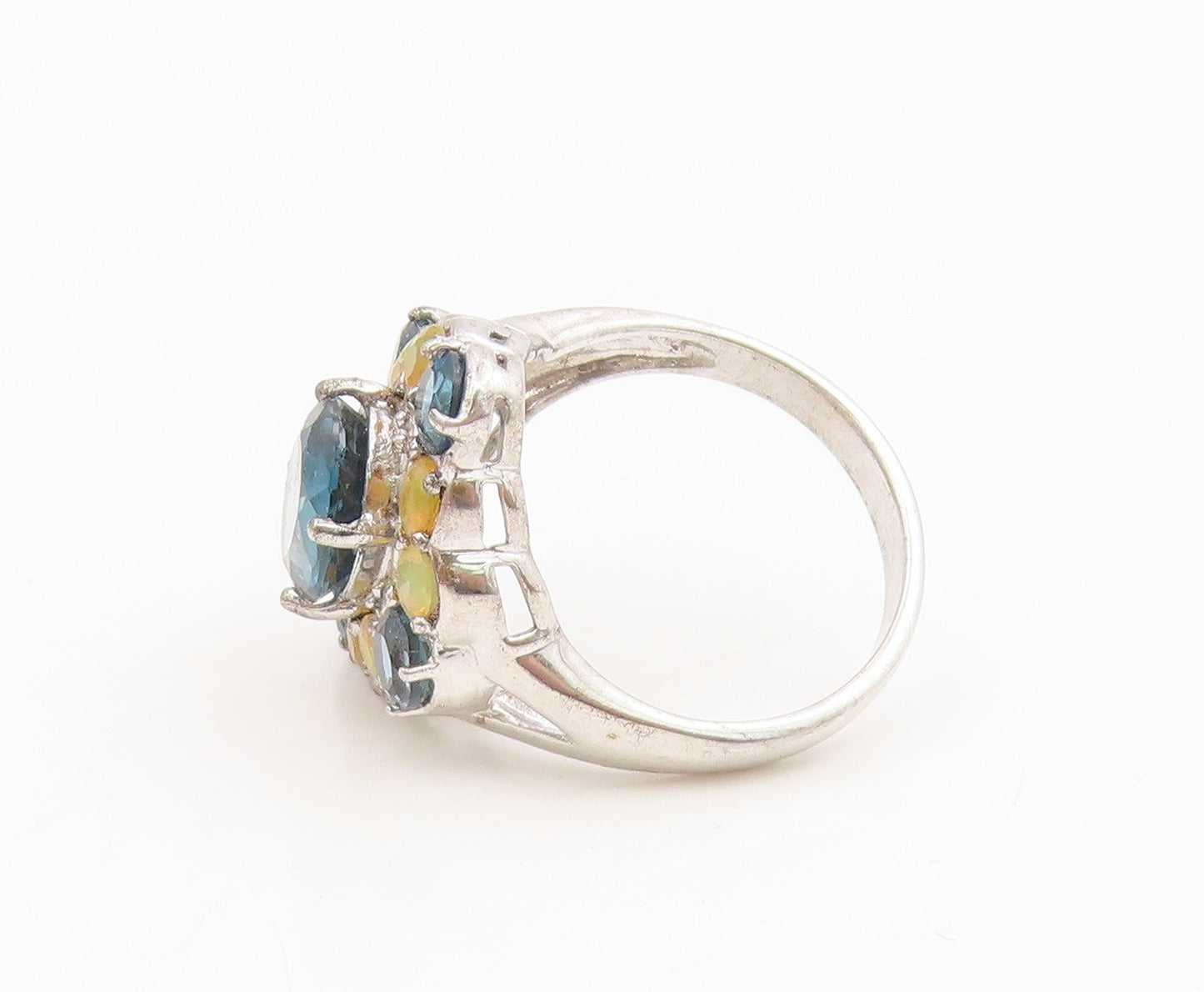 925 Sterling Silver Vintage Ring Sapphire & Opal Cluster Band  Sz 8  RG34986