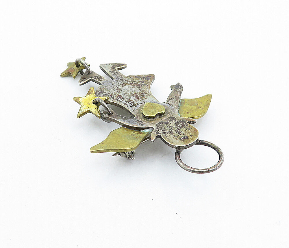 MEXICO 925 Sterling Silver  Vintage 2 Tone Love Heart Angel Brooch Pin  BP2455