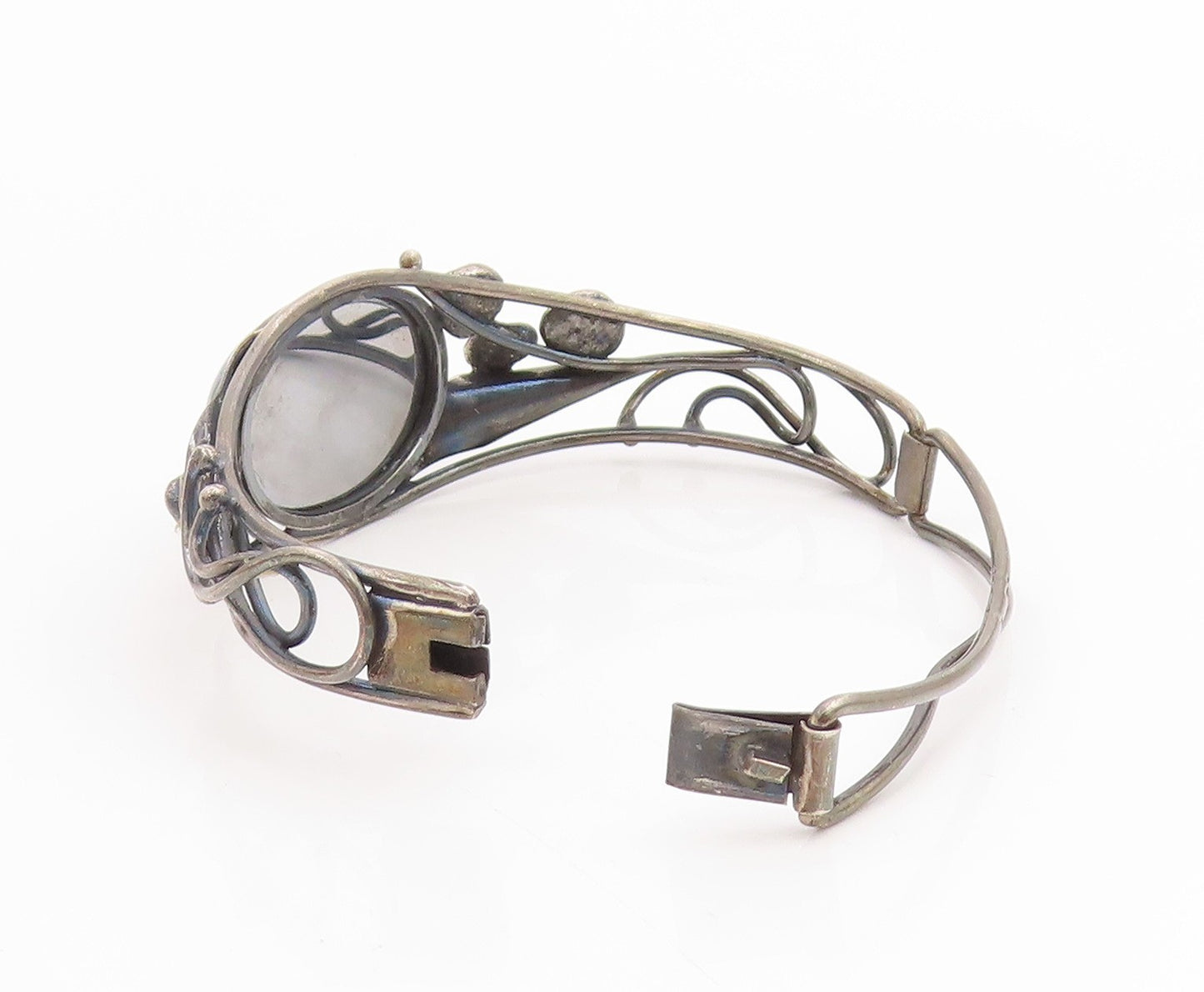 925 Sterling Silver Vintage Bracelet POLAND Hematite Floral Bangle  BT11841