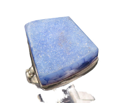 925 Silver  Vintage Cabochon Drusy Quartz & Pattern Band Ring Sz 8  RG26101
