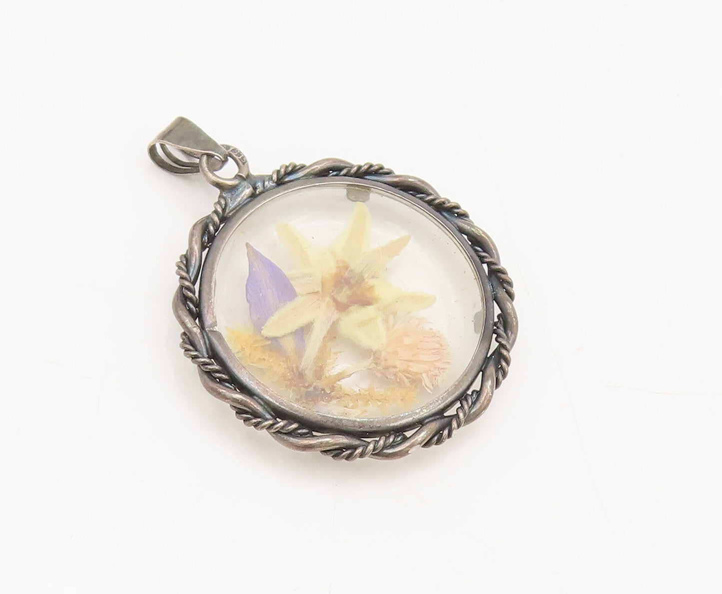 925 Sterling Silver Vintage Pendant EUROPE Antique Carved Dried Flowers  PT22494