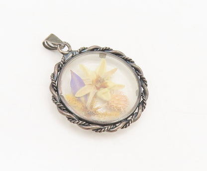 925 Sterling Silver Vintage Pendant EUROPE Antique Carved Dried Flowers  PT22494
