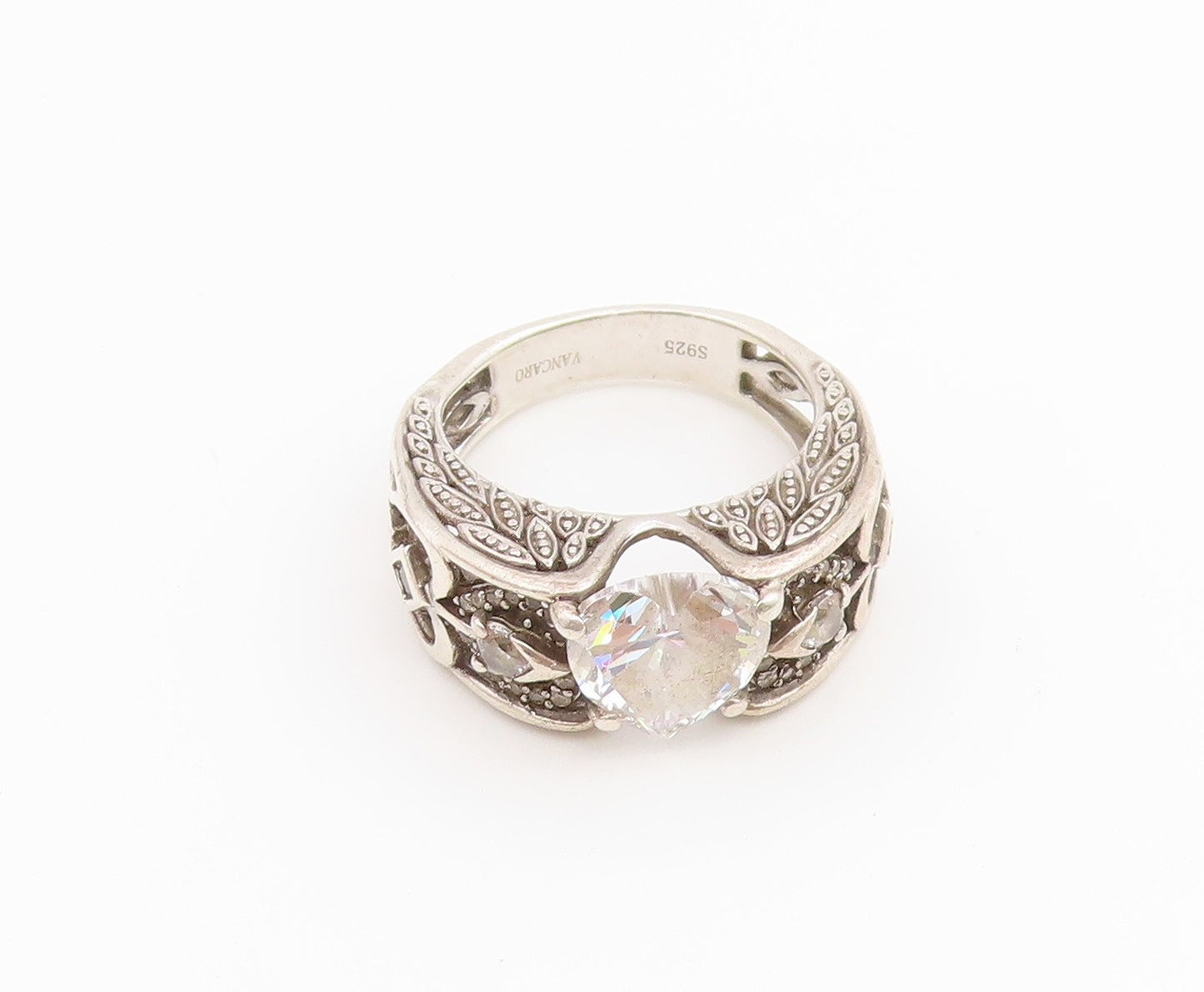 925 Sterling Silver Vintage Ring VANCARO CZ Love Heart Openwork  Sz 7  RG36672