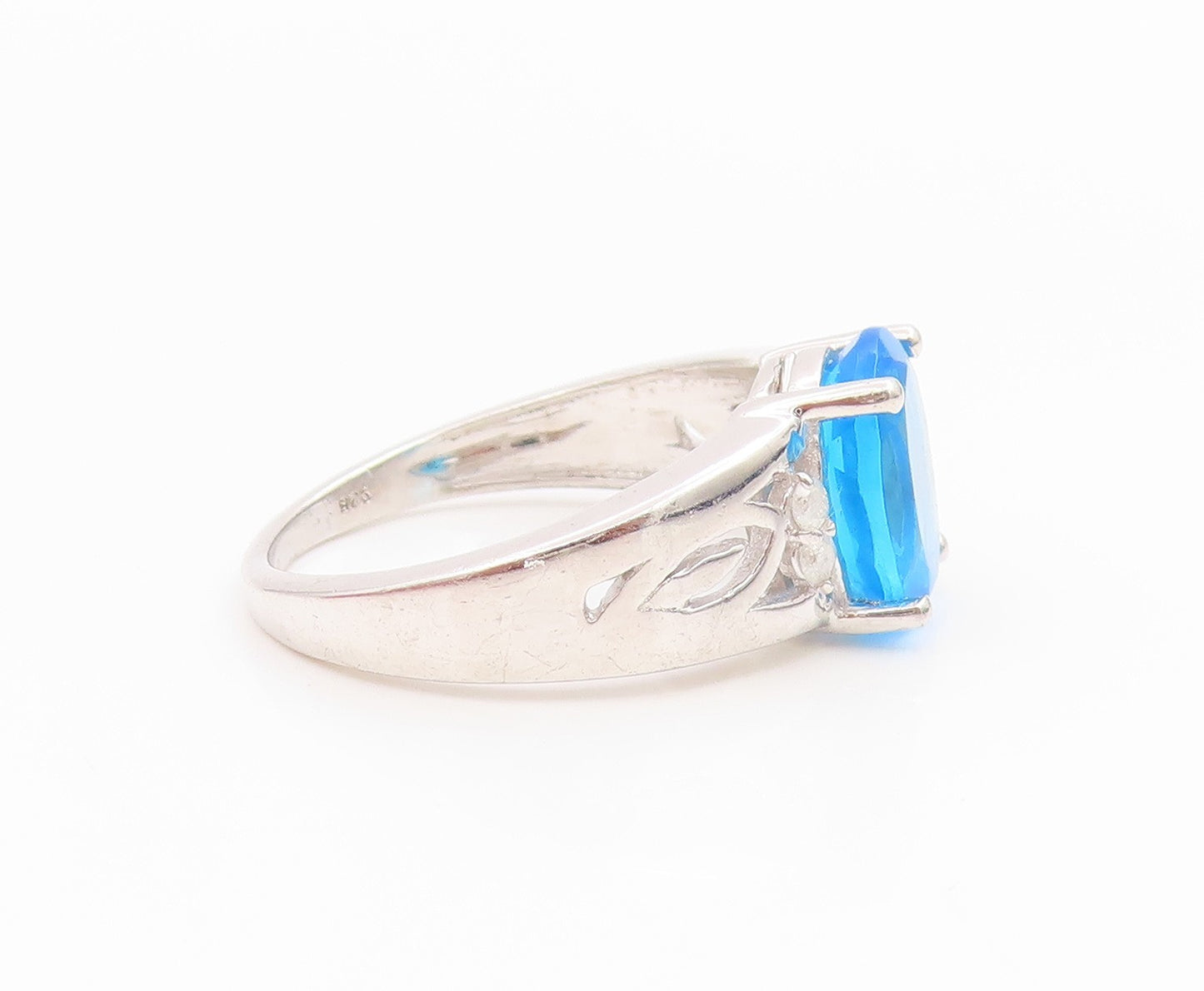 925 Sterling Silver Vintage Ring Real Diamonds & Blue Topaz Band  Sz 7  RG36139