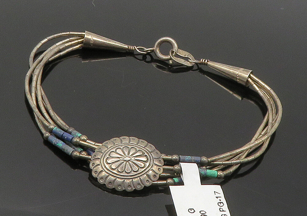 NAVAJO 925 Silver Vintage Azurite Beaded Multi Strand Chain Bracelet BT6296