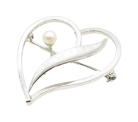 VAN DELL 925 Silver  Vintage Shiny Petite Pearl Floral Heart Brooch Pin BP7689
