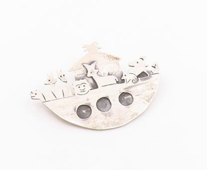 MEXICO 925 Sterling Silver  Vintage Noah's Arc Oxidized Brooch Pin  BP5040