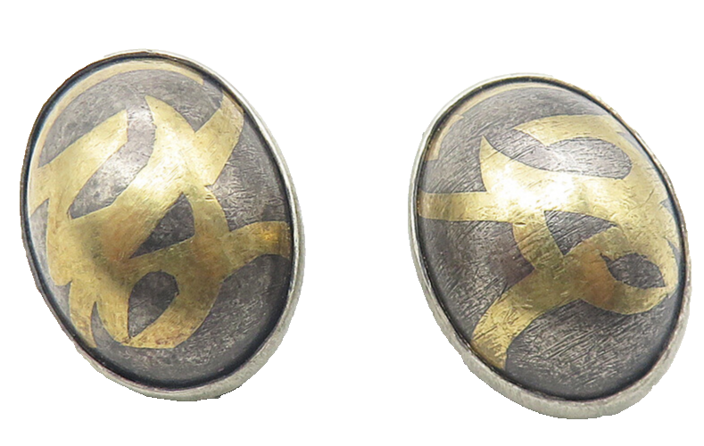 925 Silver & 24K GOLD  Vintage Two Tone Oval Dome Non Pierce Earrings  EG5962