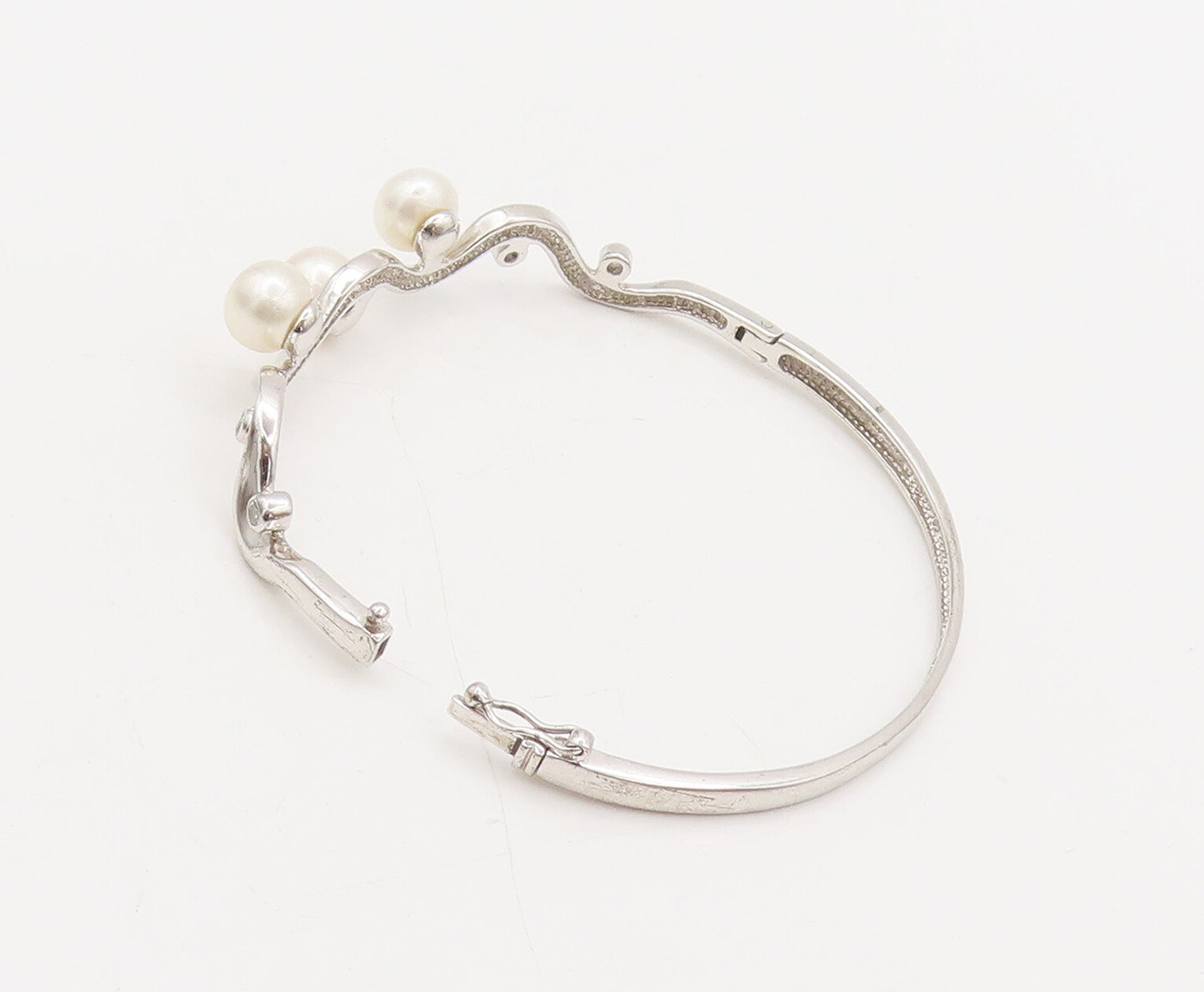 925 Sterling Silver  Vintage Pearl Topaz Beaded On Wave Cuff Bracelet  BT10062