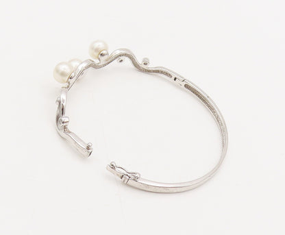 925 Sterling Silver  Vintage Pearl Topaz Beaded On Wave Cuff Bracelet  BT10062