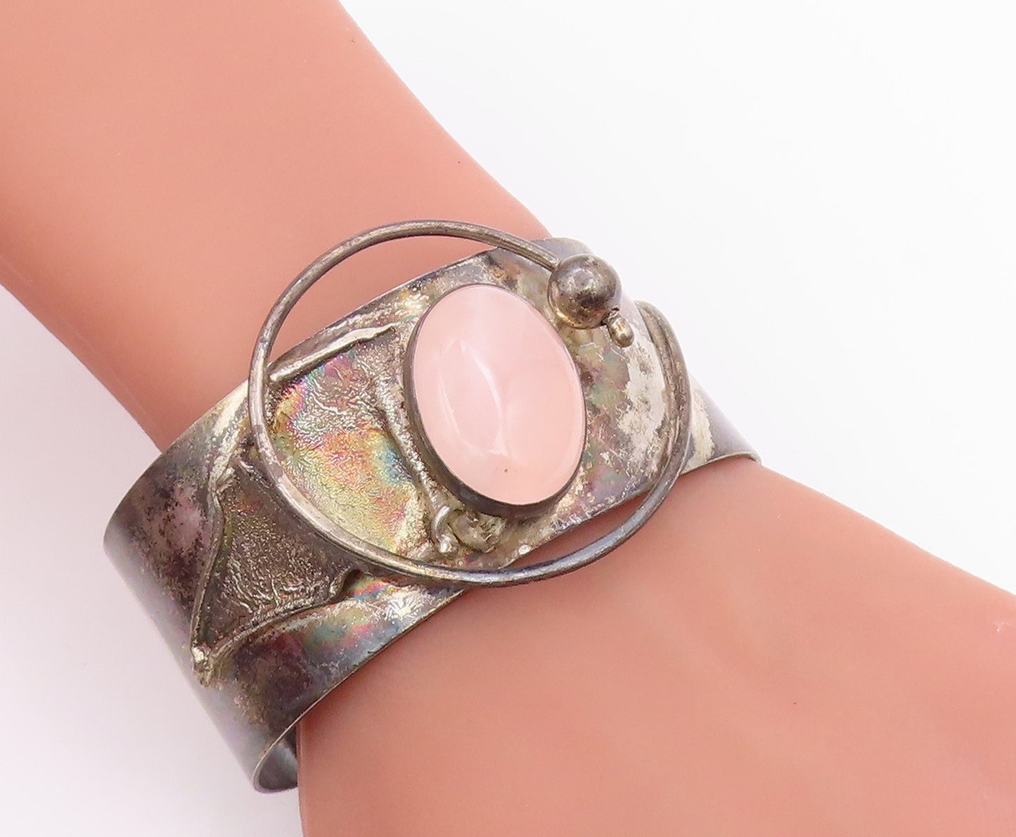 925 Sterling Silver Vintage Bracelet Cabochon Rose Quartz Wide Cuff  BT11975