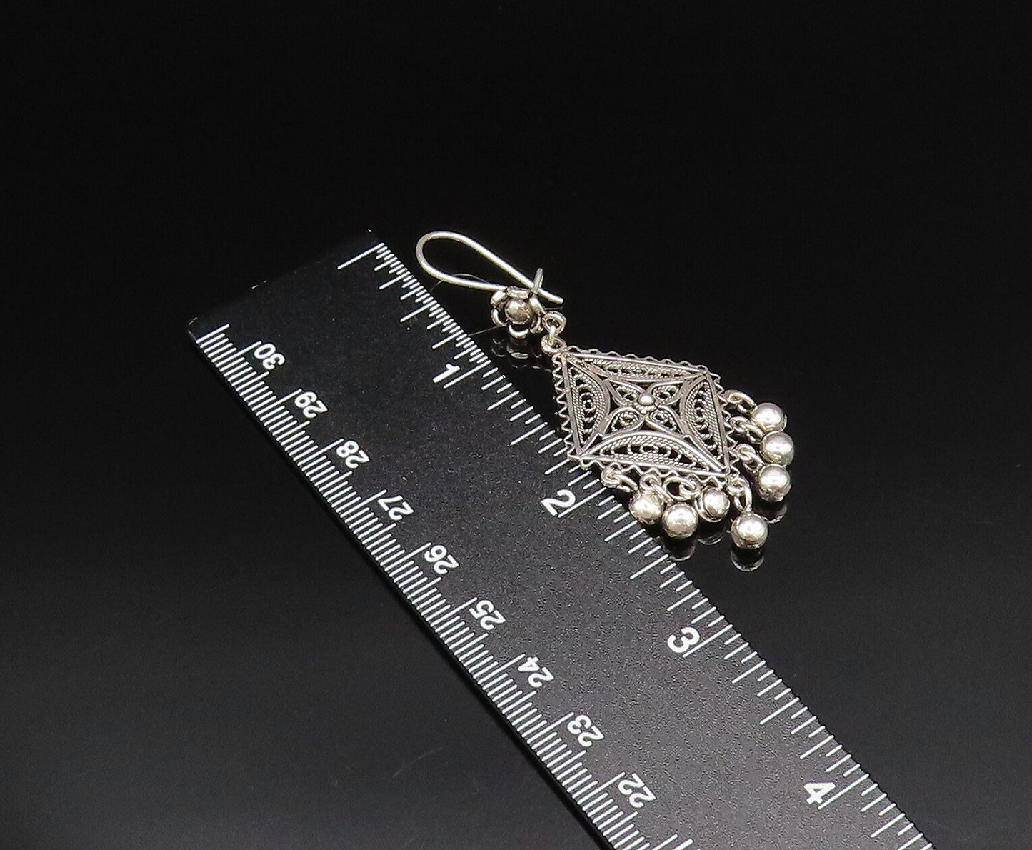 925 Silver  Vintage Wavy Border Beaded Diamond Shaped Dangle Earrings  EG11982