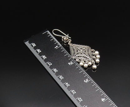 925 Silver  Vintage Wavy Border Beaded Diamond Shaped Dangle Earrings  EG11982