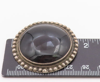 925 Sterling Silver  Vintage Cabochon Cut Black Onyx Round Brooch Pin  BP5121