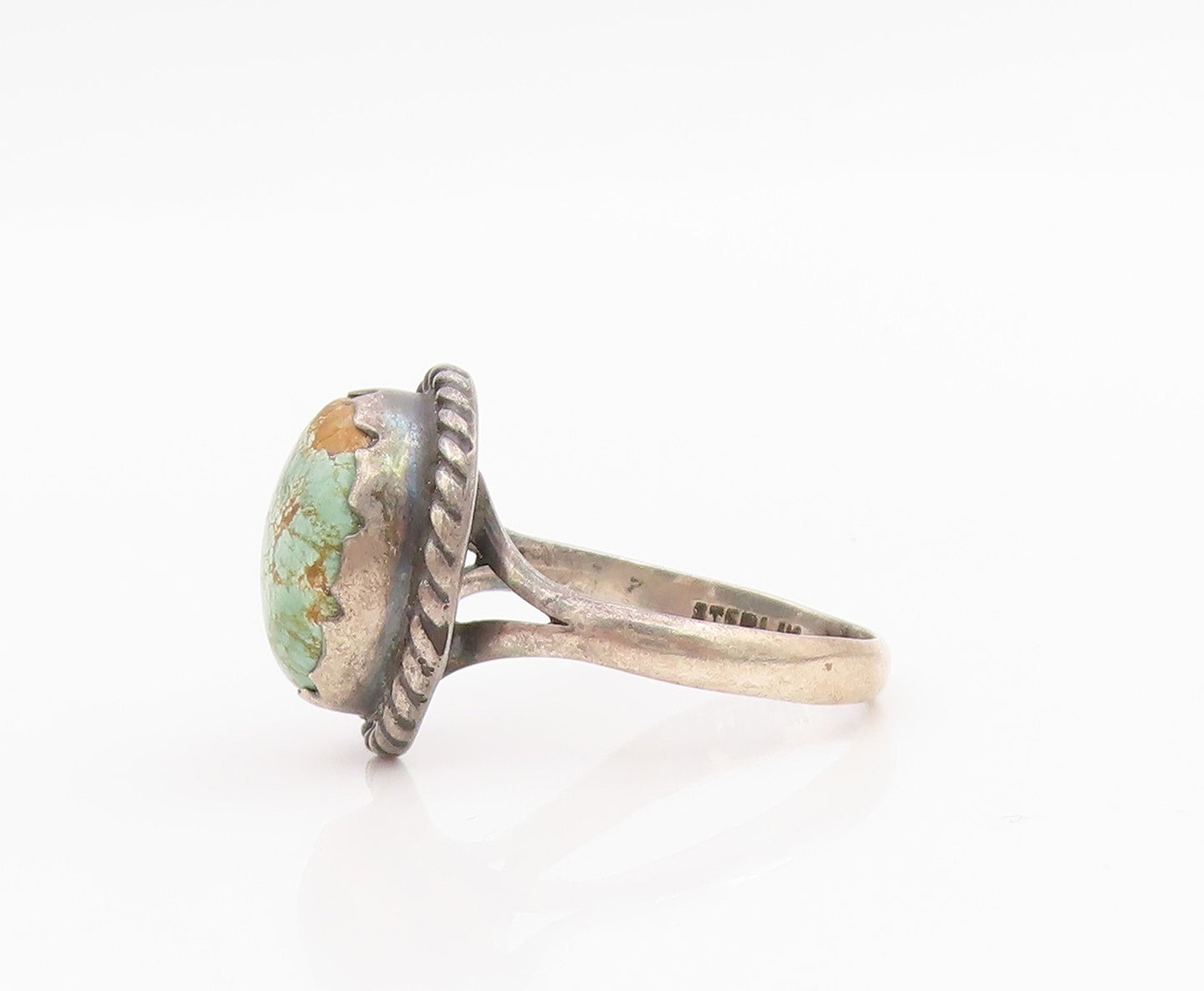 925 Sterling Silver Vintage Ring Green Turquoise Halo Rope Edge  Sz 8.5  RG34196