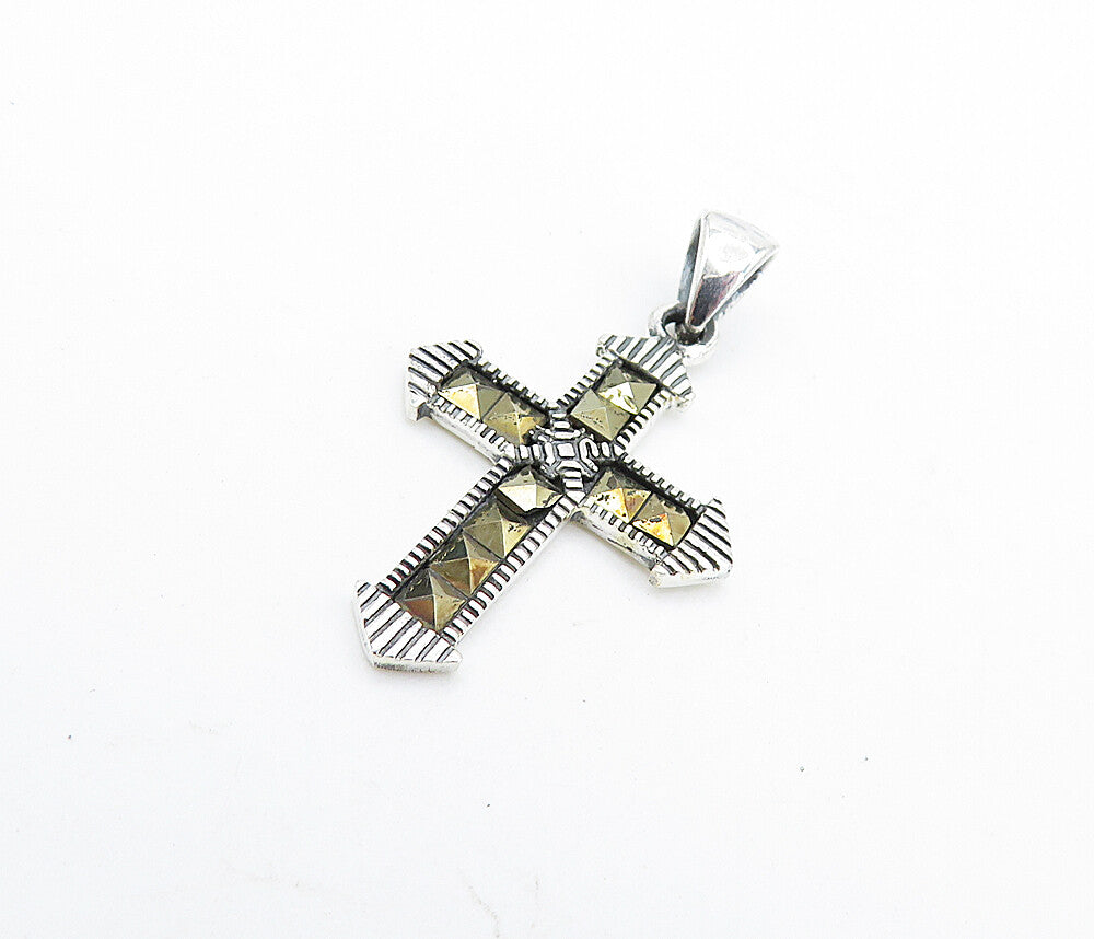 925 Sterling Silver  Petite Shiny Marcasite Religious Cross Pendant  PT6114