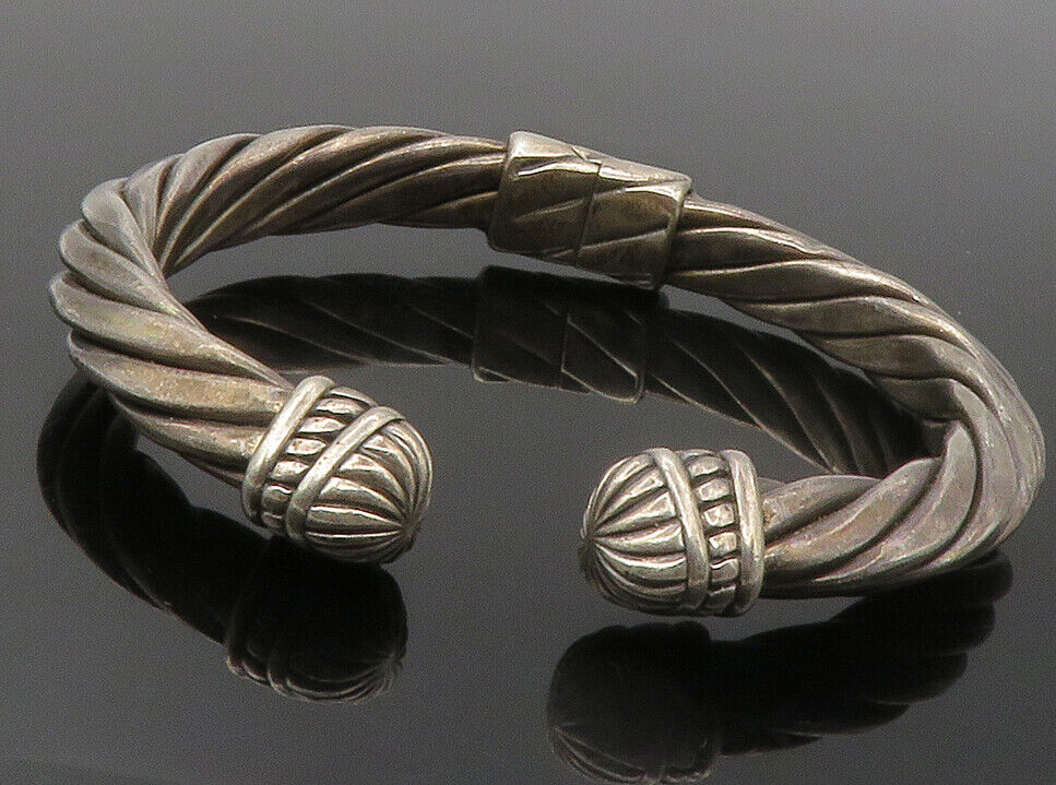 925 Sterling Silver  Vintage Dark Tone Fluted Ends Twist Cuff Bracelet  BT5504