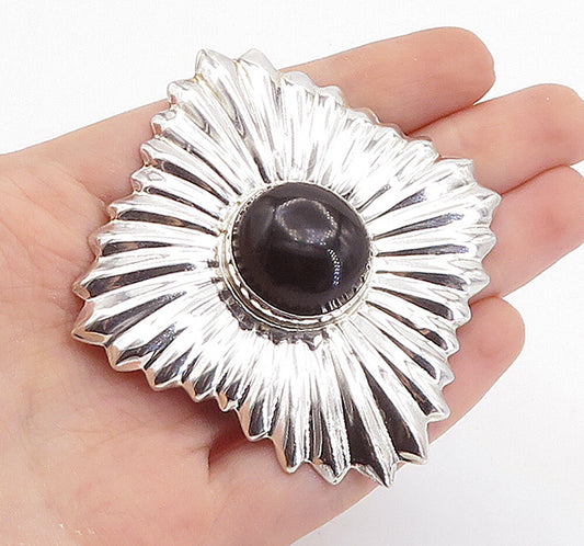 MEXICO 925 Sterling Silver  Vintage Black Onyx Shiny Fluted Brooch Pin  BP2617