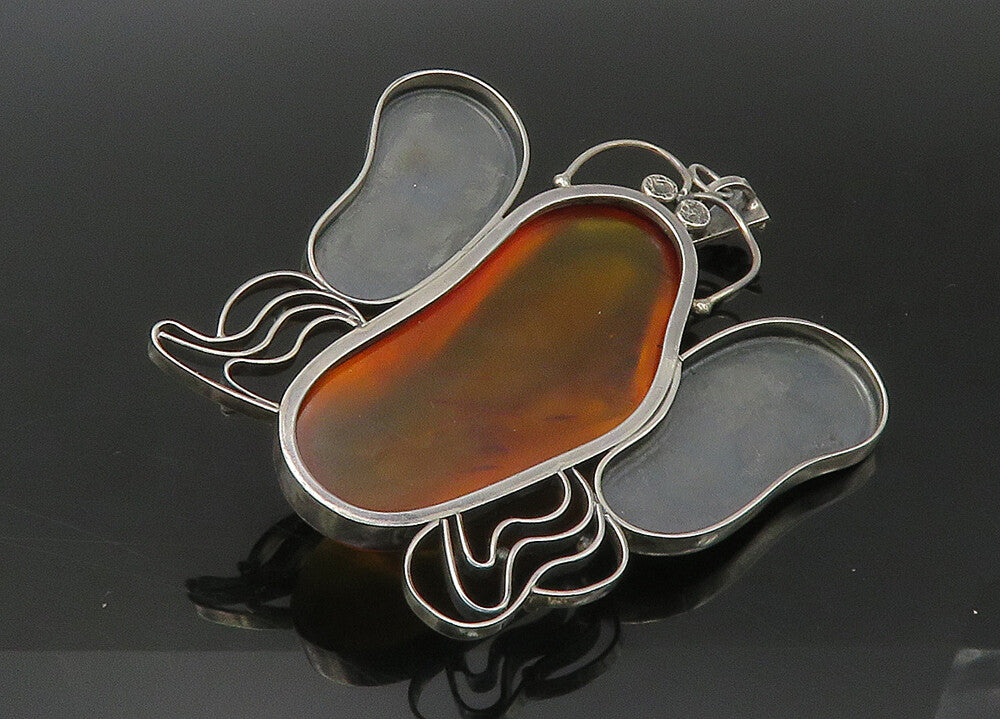 925 Sterling Silver Vintage Cabochon Amber Butterfly Heavy Large Pendant PT18351