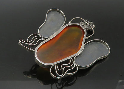 925 Sterling Silver Vintage Cabochon Amber Butterfly Heavy Large Pendant PT18351