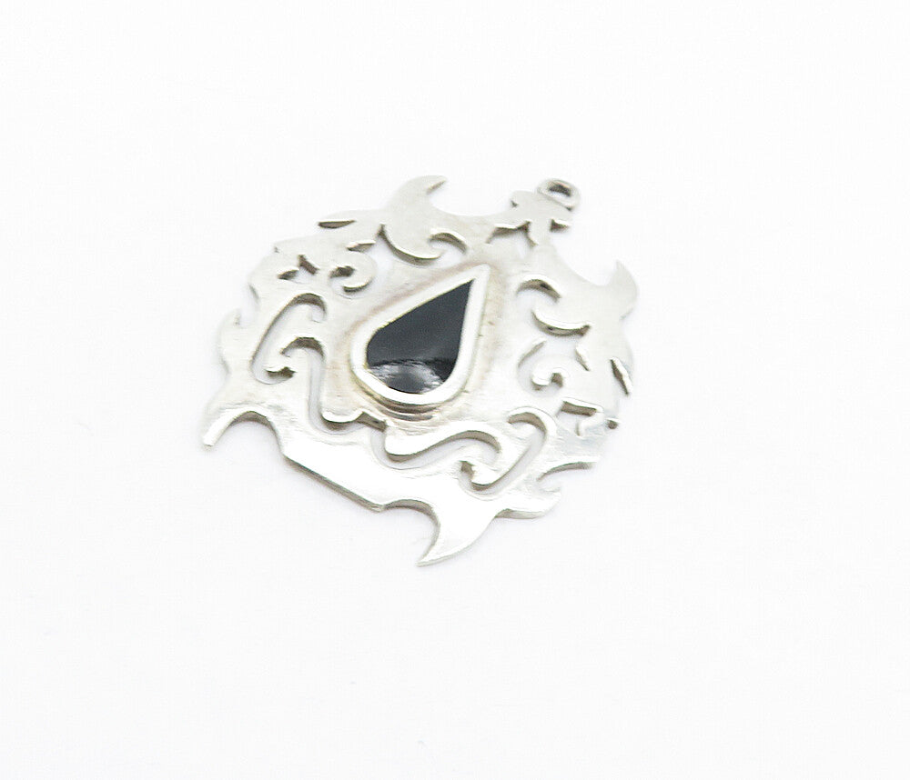 MEXICO 925 Sterling Silver  Vintage Inlaid Black Onyx Swirl Pendant  PT4470
