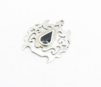 MEXICO 925 Sterling Silver  Vintage Inlaid Black Onyx Swirl Pendant  PT4470