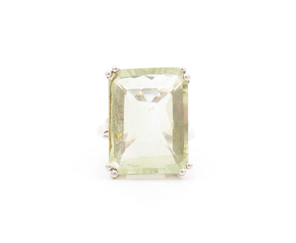 925 Sterling Silver Vintage Ring Rectangle Cut Green Amethyst  Sz 8  RG31888