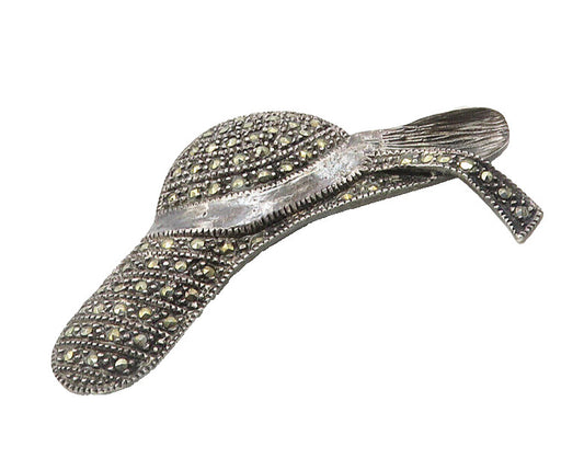 925 Sterling Silver  Vintage Marcasite Decorated Hat Motif Brooch Pin  BP3933