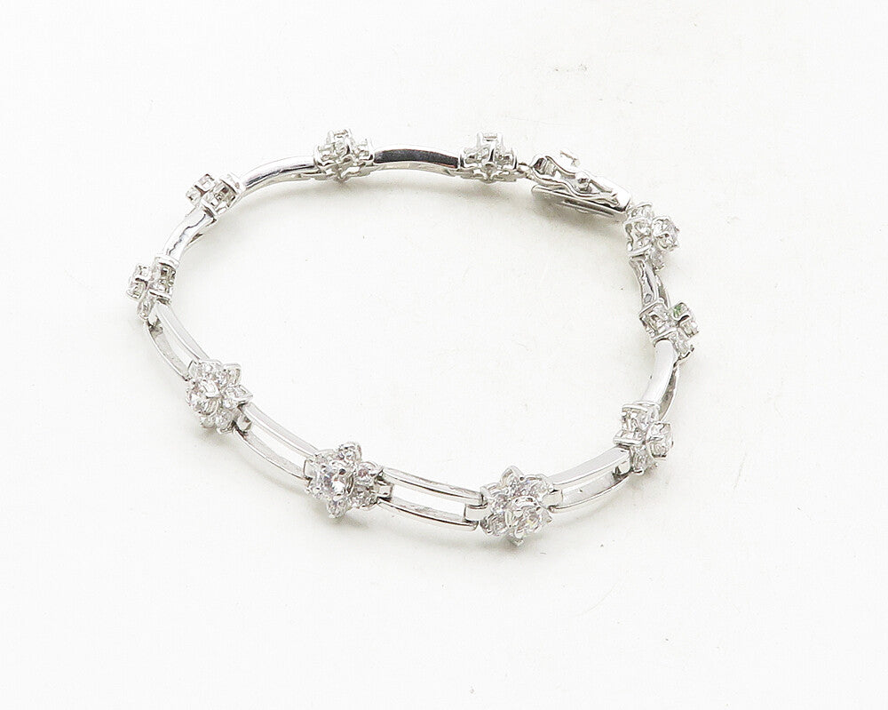 925 Sterling Silver  Cubic Zirconia Floral Bar Link Chain Bracelet  BT4248