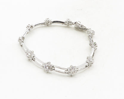 925 Sterling Silver  Cubic Zirconia Floral Bar Link Chain Bracelet  BT4248