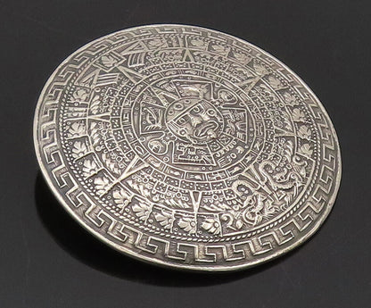 925 Sterling Silver Vintage Brooch Pin MAYAN AZTEC Etched Sun Calendar  BP10597